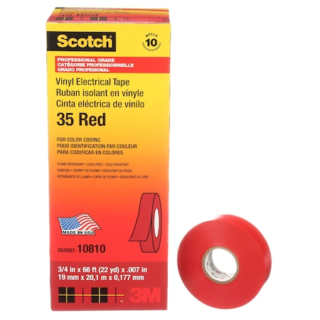 3M Scotch Vinyl Color Coding Electrical Tape 35, 3/4 in x 66 ft, Red 7000006094